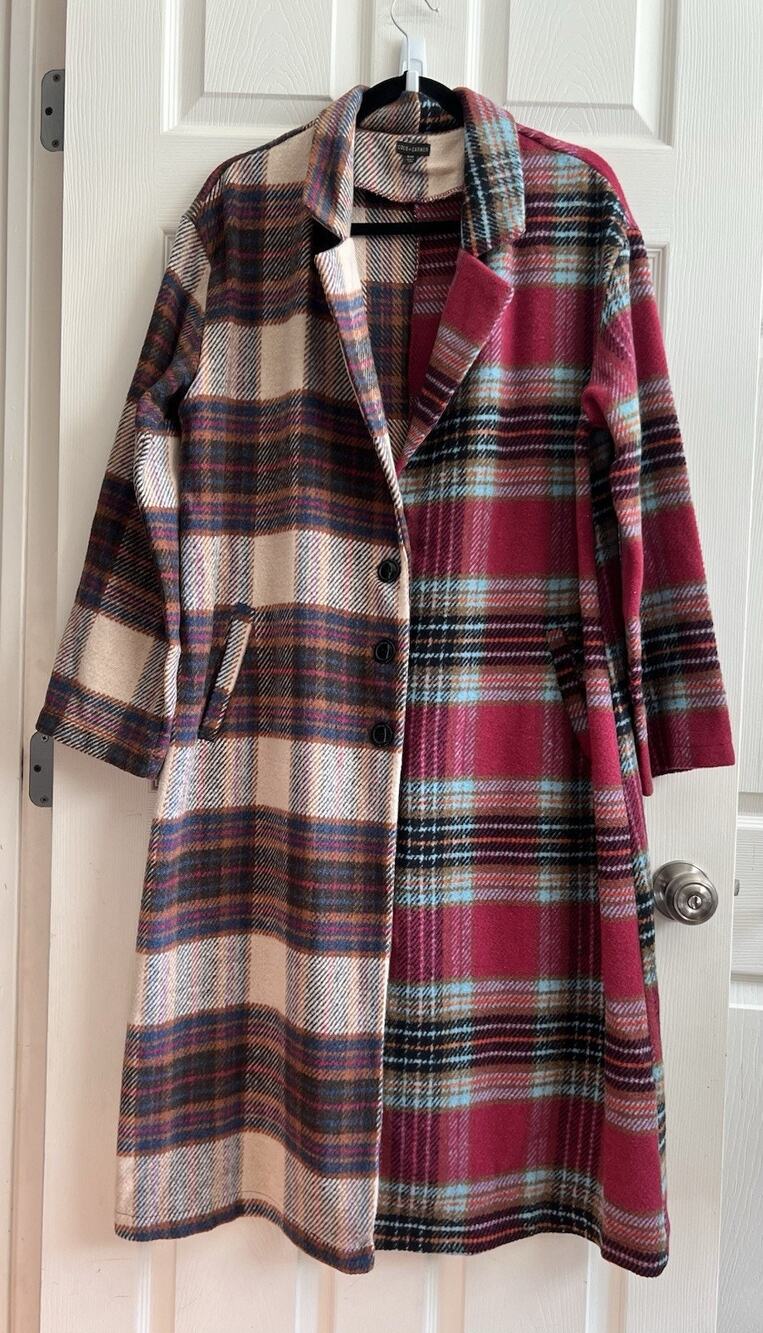 COCO + CARMEN Women's Mixed Print Plaid Long Duster Jacket Coat Sz S/M